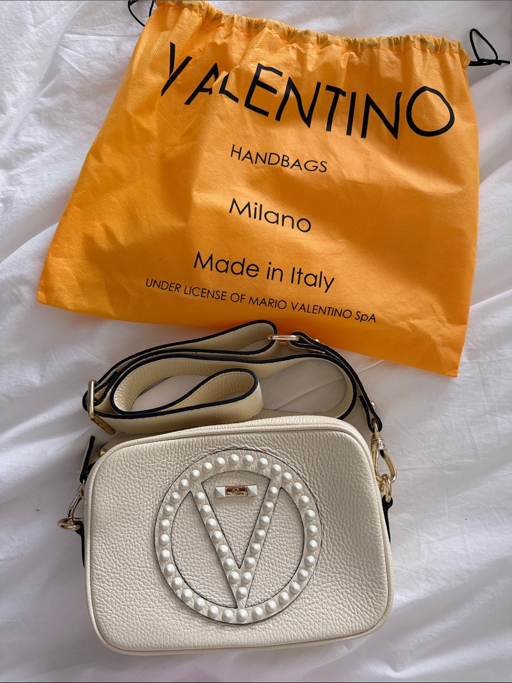 Valentino Cream Pebbled Leather Crossbody with Pearl V Logo - Authentic